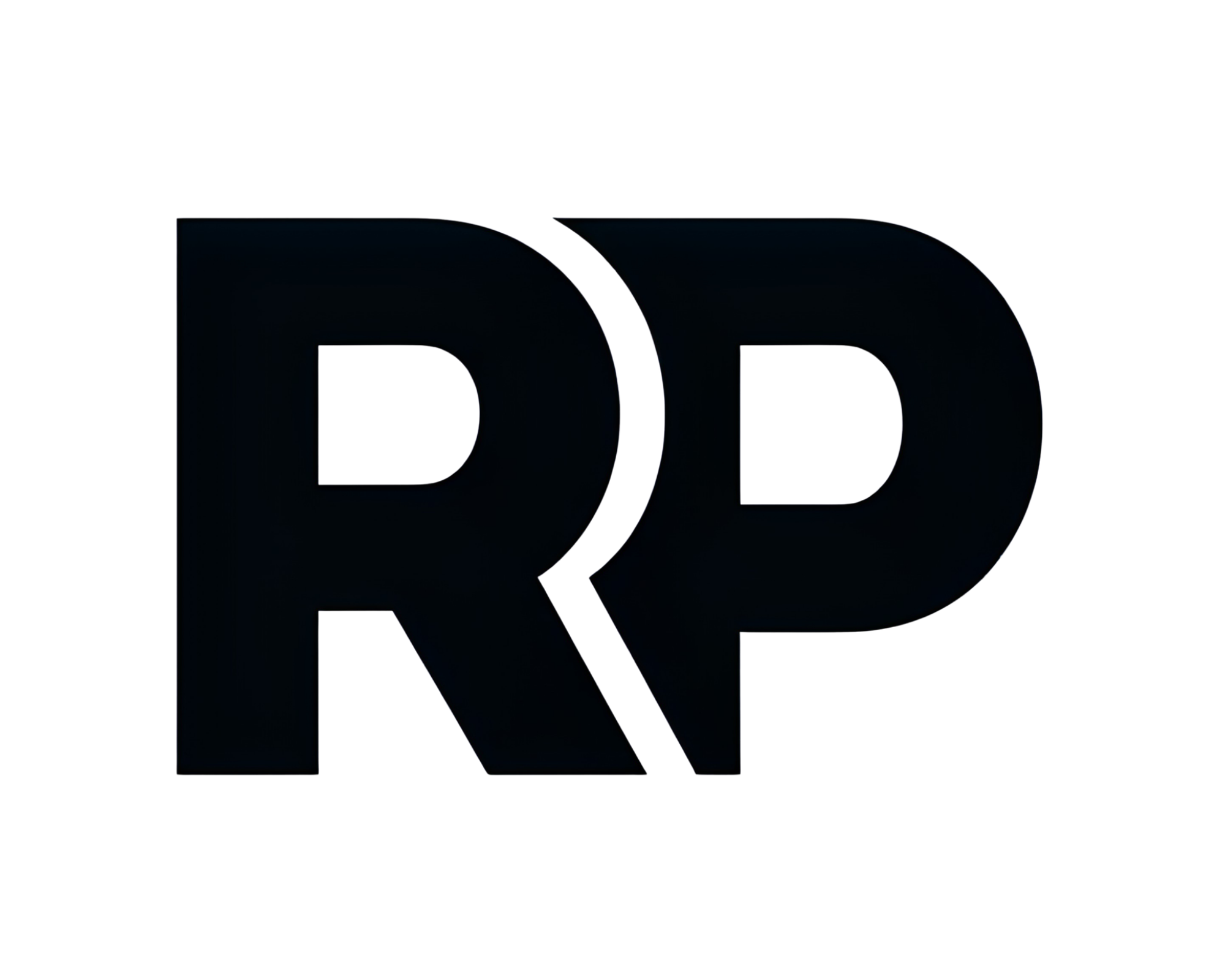 Black letters RP are shown in a bold, modern font on a light gray background. A white curved line separates the two letters, creating a sleek and stylized logo design.