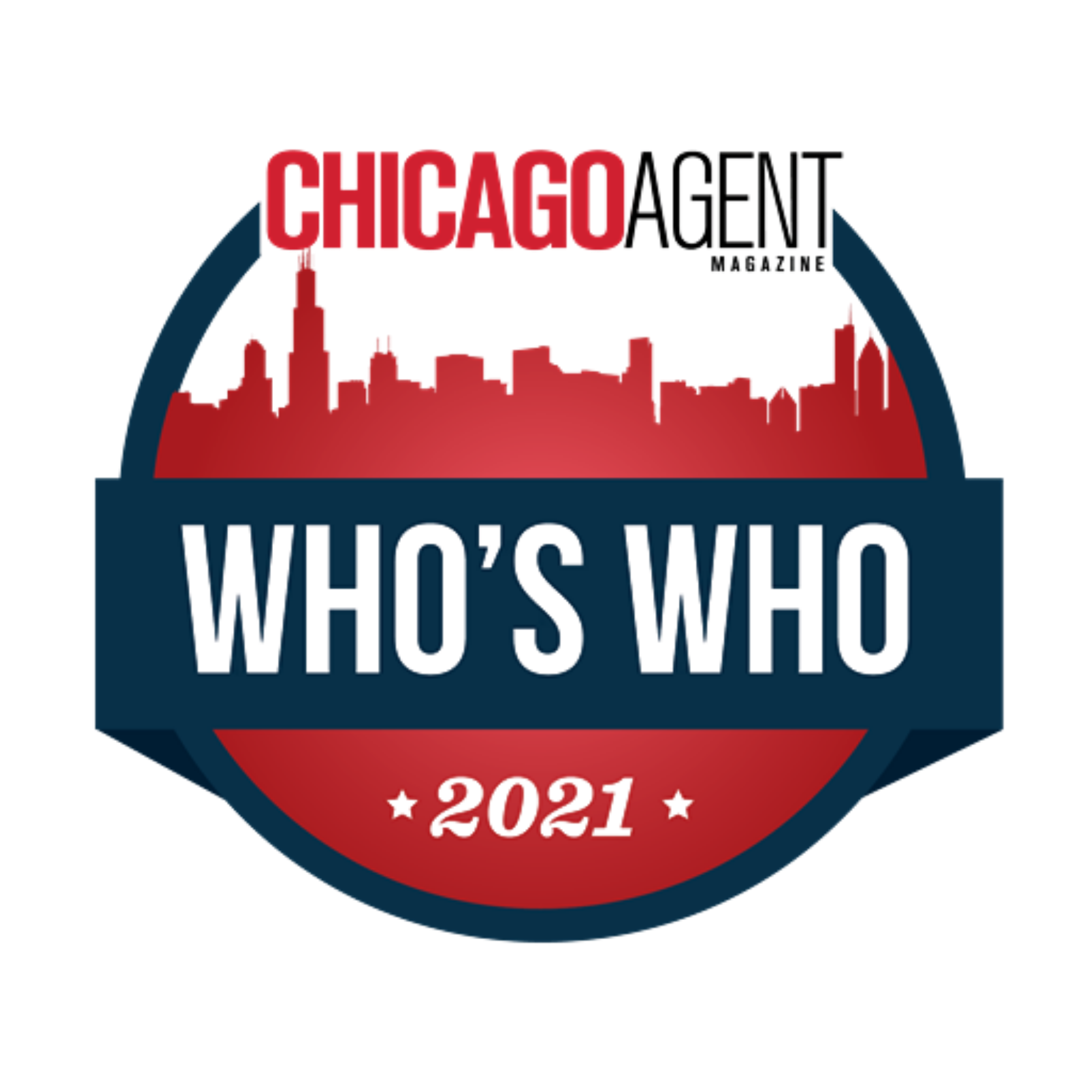A red and blue badge with a Chicago skyline reads CHICAGO AGENT MAGAZINE WHOS WHO 2021.
